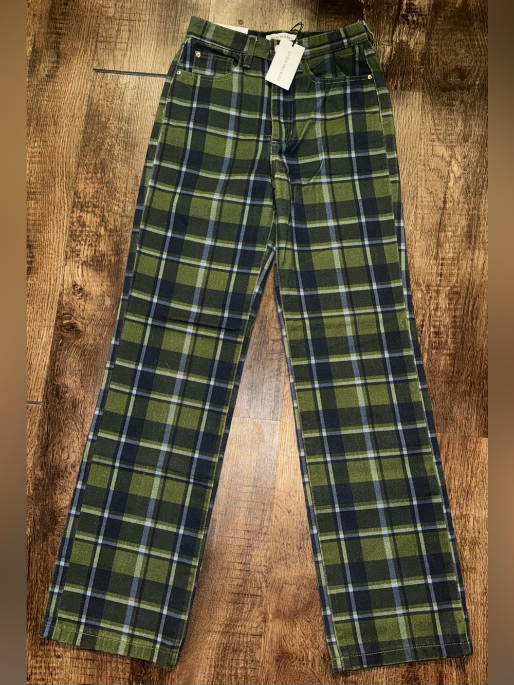 WeWoreWhat Olive Green & Navy Plaid High Rise Dad Jeans NWT